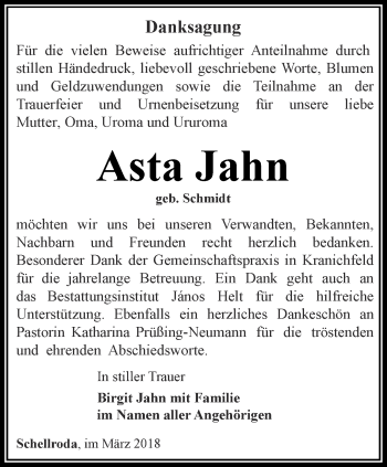 Traueranzeige von Asta Jahn von Thüringer Allgemeine, Thüringische Landeszeitung