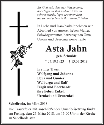 Traueranzeige von Asta Jahn von Thüringer Allgemeine, Thüringische Landeszeitung