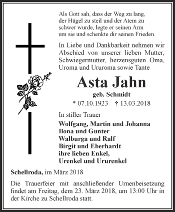 Traueranzeige von Asta Jahn von Thüringer Allgemeine, Thüringische Landeszeitung