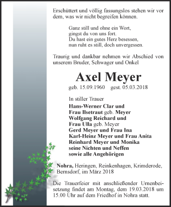 Traueranzeige von Axel Meyer von Thüringer Allgemeine