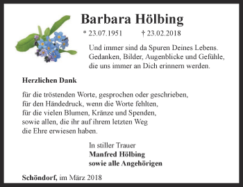 Traueranzeige von Barbara Hölbing von Thüringer Allgemeine, Thüringische Landeszeitung