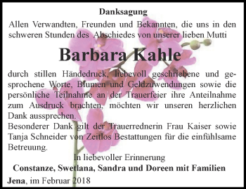 Traueranzeige von Barbara Kahle von Ostthüringer Zeitung, Thüringische Landeszeitung