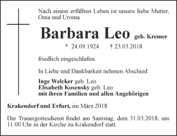 Traueranzeige von Barbara Leo von Thüringer Allgemeine, Thüringische Landeszeitung