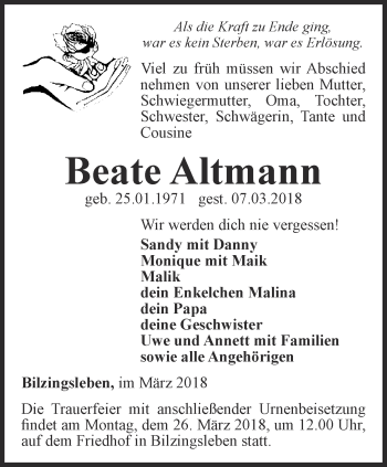 Traueranzeige von Beate Altmann von Thüringer Allgemeine