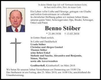 Traueranzeige von Benno Stöber von Thüringer Allgemeine