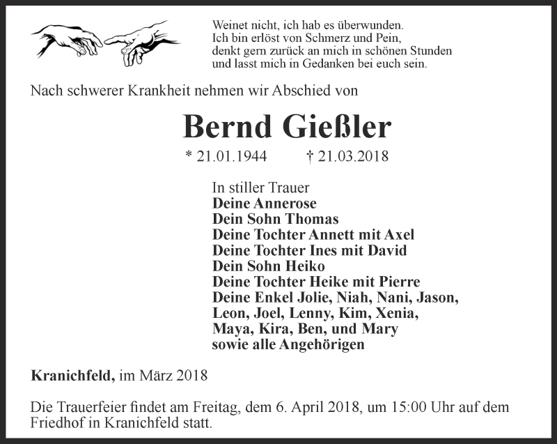  Traueranzeige für Bernd Gießler vom 31.03.2018 aus Thüringer Allgemeine, Thüringische Landeszeitung