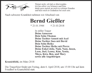 Traueranzeige von Bernd Gießler von Thüringer Allgemeine, Thüringische Landeszeitung