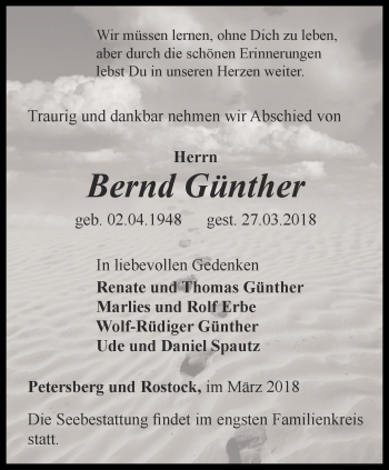 Traueranzeige von Bernd Günther von Ostthüringer Zeitung