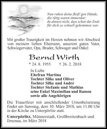 Traueranzeige von Bernd Wirth von Thüringer Allgemeine