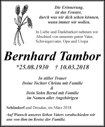 Traueranzeige von Bernhard Tambor von Ostthüringer Zeitung