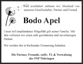 Traueranzeige von Bodo Apel von Thüringer Allgemeine, Thüringische Landeszeitung