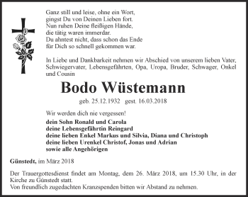 Traueranzeige von Bodo Wüstemann von Thüringer Allgemeine