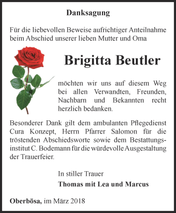 Traueranzeige von Brigitta Beutler von Thüringer Allgemeine