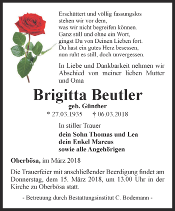Traueranzeige von Brigitta Beutler von Thüringer Allgemeine