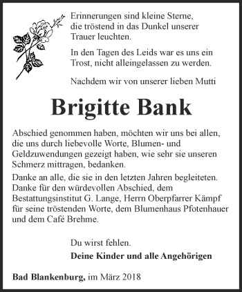 Traueranzeige von Brigitte Bank von Ostthüringer Zeitung