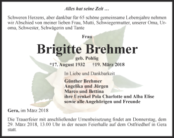 Traueranzeige von Brigitte Brehmer von Ostthüringer Zeitung