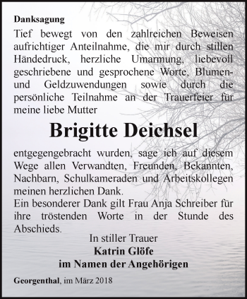 Traueranzeige von Brigitte Deichsel von Ostthüringer Zeitung, Thüringische Landeszeitung