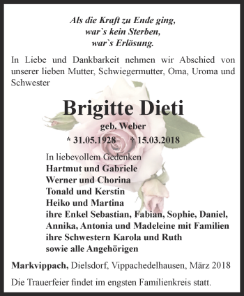 Traueranzeige von Brigitte Dieti von Thüringer Allgemeine