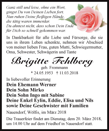 Traueranzeige von Brigitte Fehlberg von Ostthüringer Zeitung, Thüringische Landeszeitung