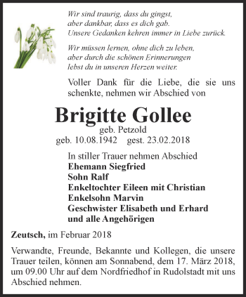 Traueranzeige von Brigitte Gollee