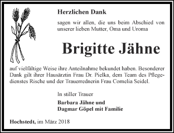 Traueranzeige von Brigitte Jähne von Thüringer Allgemeine, Thüringische Landeszeitung