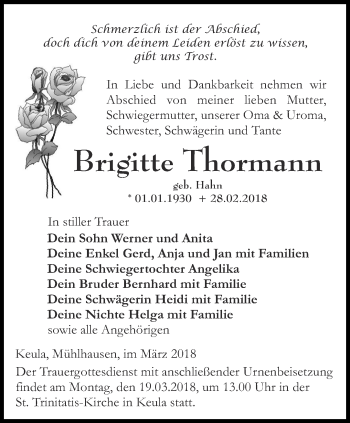 Traueranzeige von Brigitte Thormann von Thüringer Allgemeine, Thüringische Landeszeitung