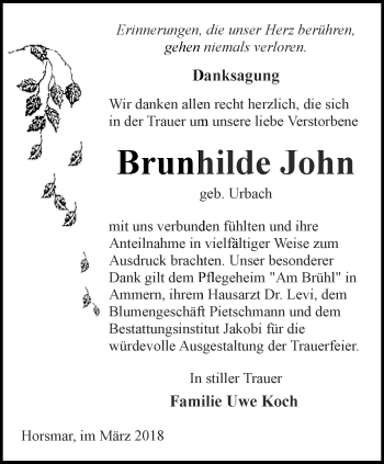 Traueranzeige von Brunhilde John von Thüringer Allgemeine, Thüringische Landeszeitung