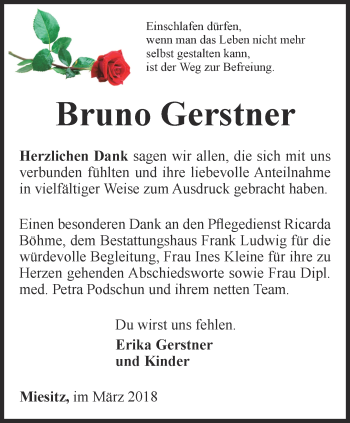 Traueranzeige von Bruno Gerstner von Ostthüringer Zeitung