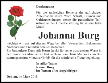 Traueranzeige von Burg Johanna von Ostthüringer Zeitung