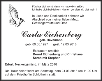 Traueranzeige von Carla Eichenberg von Thüringer Allgemeine, Thüringische Landeszeitung