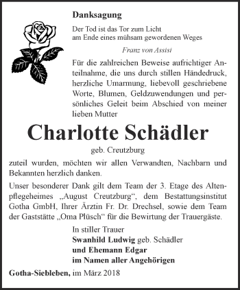 Traueranzeige von Charlotte Schädler von Ostthüringer Zeitung, Thüringische Landeszeitung