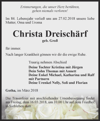 Traueranzeige von Christa Dreischärf von Ostthüringer Zeitung, Thüringische Landeszeitung