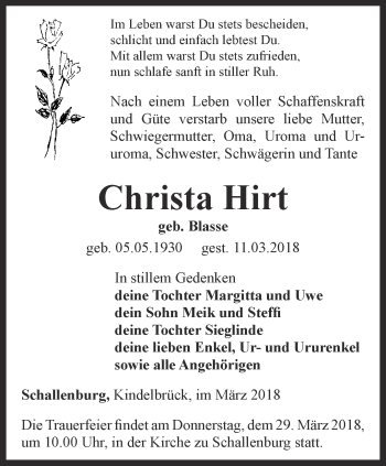 Traueranzeige von Christa Hirt von Thüringer Allgemeine