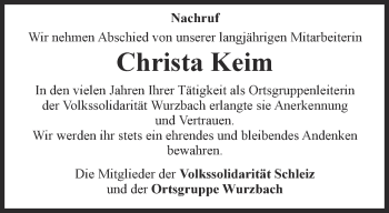 Traueranzeige von Christa Keim von Ostthüringer Zeitung