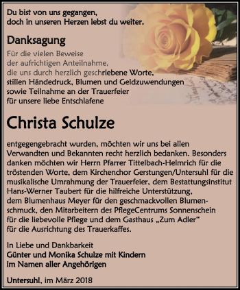 Traueranzeige von Christa Schulze von Thüringer Allgemeine, Thüringische Landeszeitung