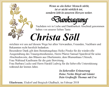 Traueranzeige von Christa Söll von Ostthüringer Zeitung