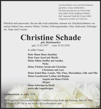 Traueranzeige von Christine Schade von Thüringer Allgemeine