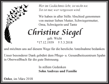 Traueranzeige von Christine Sieger von Ostthüringer Zeitung