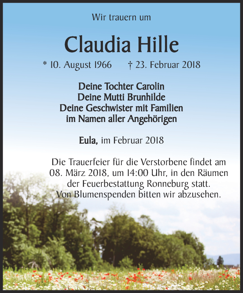  Traueranzeige für Claudia Hille vom 02.03.2018 aus Ostthüringer Zeitung