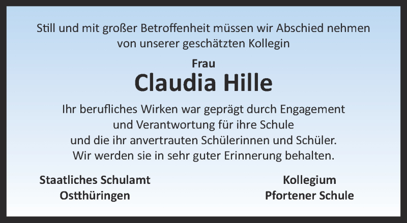  Traueranzeige für Claudia Hille vom 10.03.2018 aus Ostthüringer Zeitung, Thüringische Landeszeitung