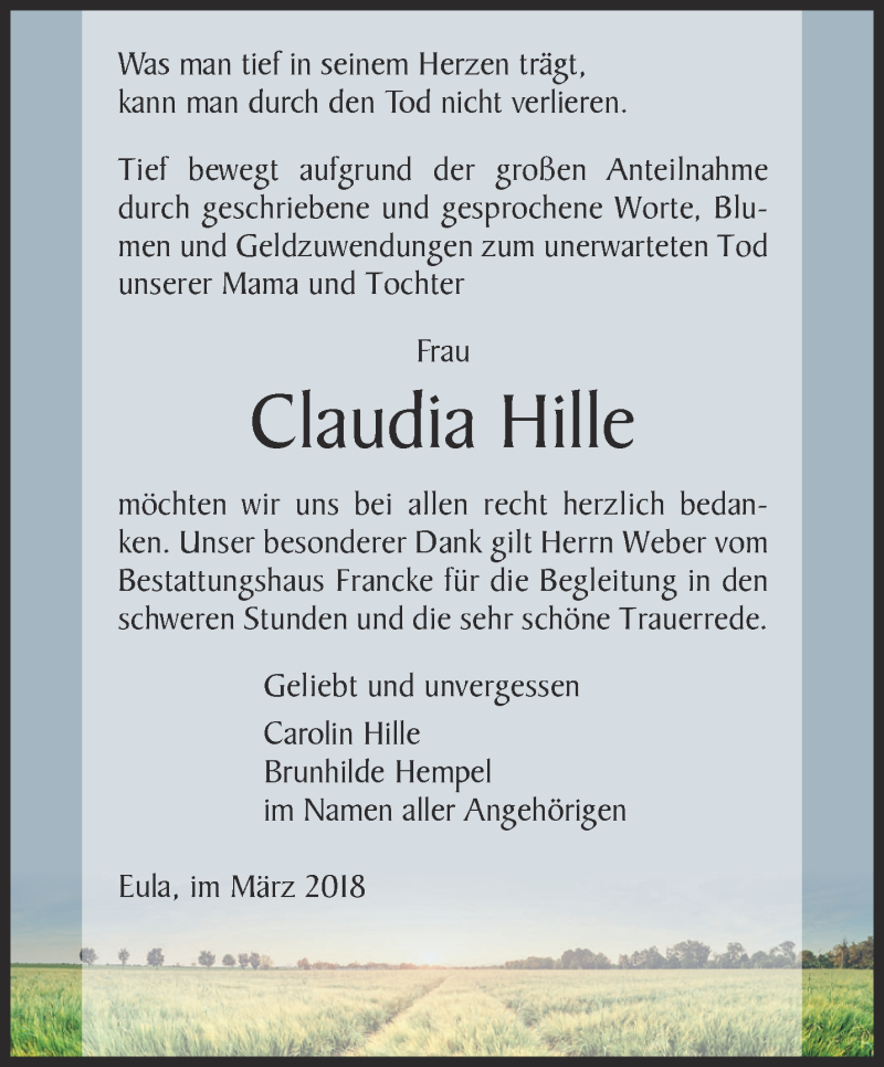  Traueranzeige für Claudia Hille vom 17.03.2018 aus Ostthüringer Zeitung