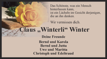 Traueranzeige von Claus Winter von Ostthüringer Zeitung