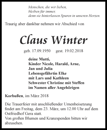 Traueranzeige von Claus Winter von Ostthüringer Zeitung