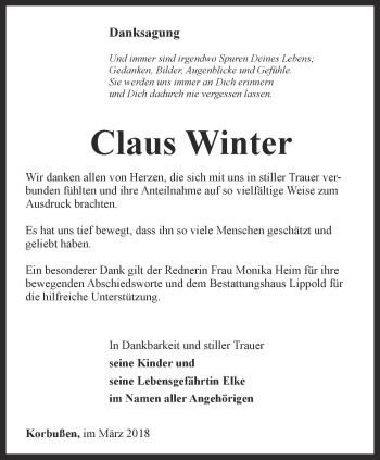 Traueranzeige von Claus Winter von Ostthüringer Zeitung