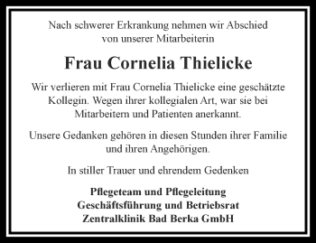 Traueranzeige von Cornelia Thielicke von Thüringer Allgemeine, Thüringische Landeszeitung