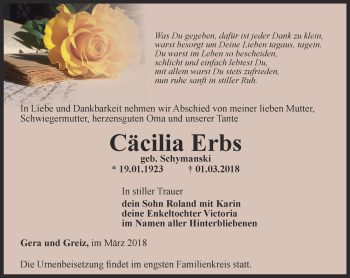 Traueranzeige von Cäcilia Erbs