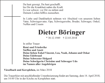 Traueranzeige von Dieter Böringer von Thüringer Allgemeine, Thüringische Landeszeitung