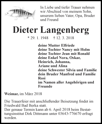 Traueranzeige von Dieter Langenberg von Thüringer Allgemeine, Thüringische Landeszeitung