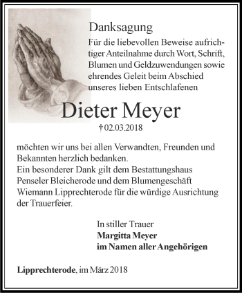 Traueranzeige von Dieter Meyer von Thüringer Allgemeine