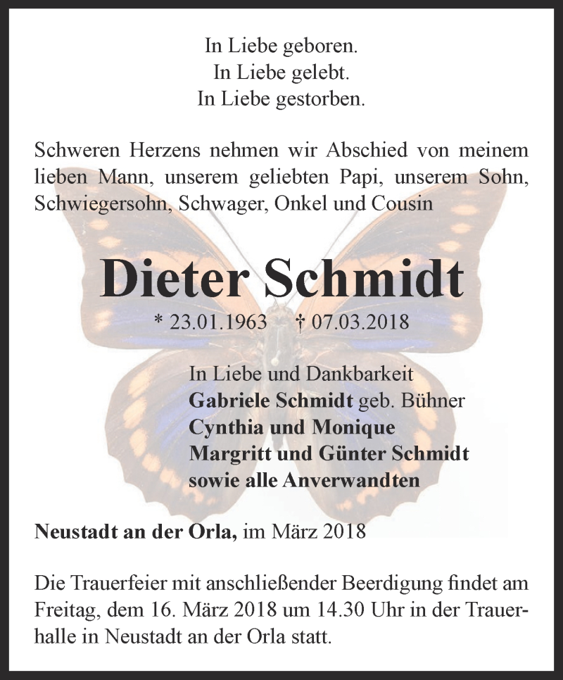  Traueranzeige für Dieter Schmidt vom 13.03.2018 aus Ostthüringer Zeitung